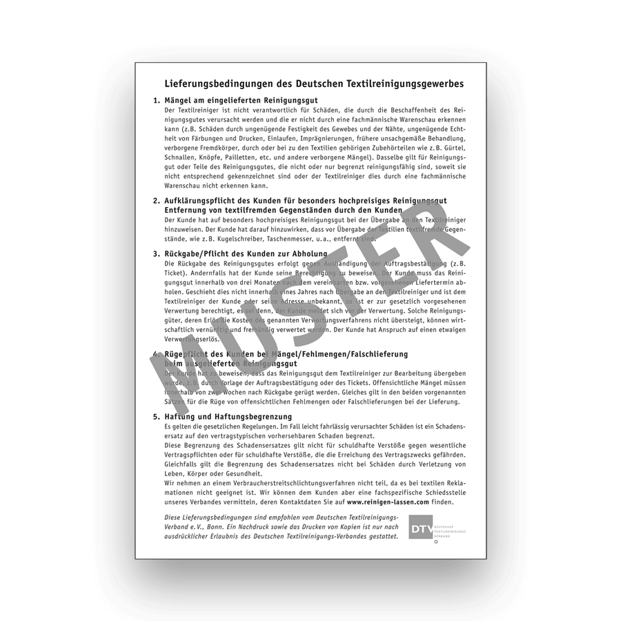 Schild `Lieferungsbedingungen des Deutschen Textilreinigungsgewerbes PVC, 42 x 5